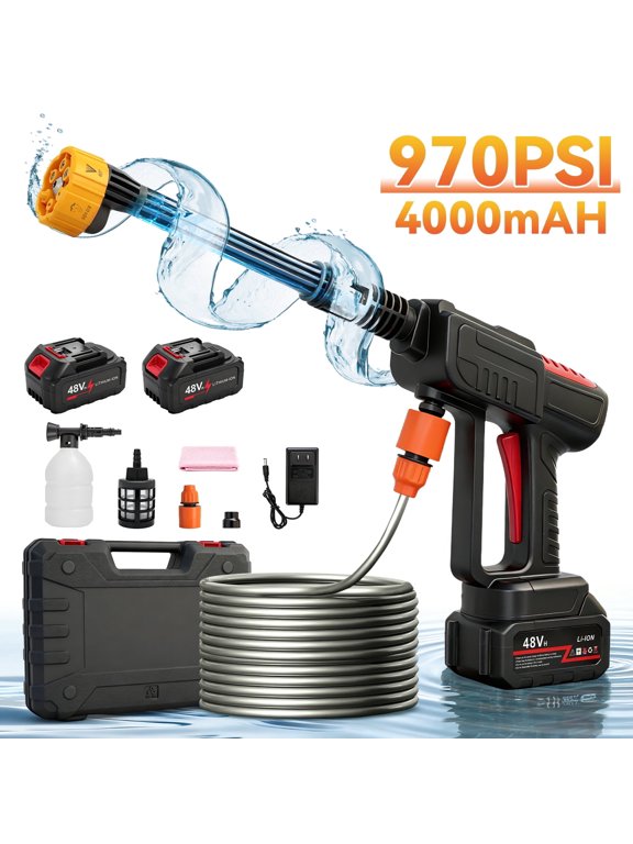 BAOKALER 970PSI Cordless Pressure Washer with 2 x 4.0Ah Rechargeable Batteries, Portable Pressure Washer with 6-in-1 Adjustable Nozzle for Cars/Patios