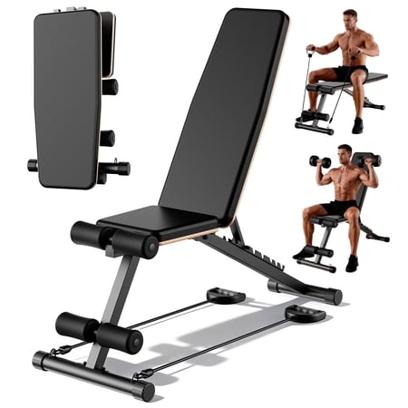 BAOKALER Adjustable Weight Bench, Adjustable Workout Bench with Resistance Bands, Multi-Function Strength Training Bench Press Exercise Equipment for Home Gym