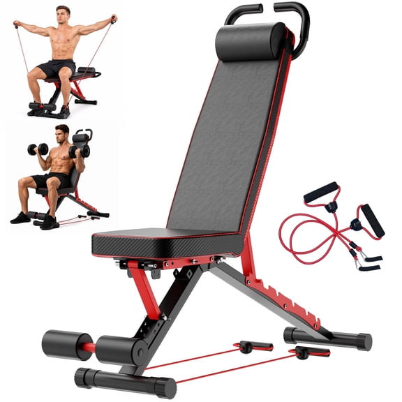 Multifunctional Foldable Weight Bench – 1000 lbs Heavy Duty Capacity, 7-Level Adjustable Incline/Decline Backrest, Full-Body Training Home Gym Equipment with Resistance Bands & Pull Rope, Black-Red