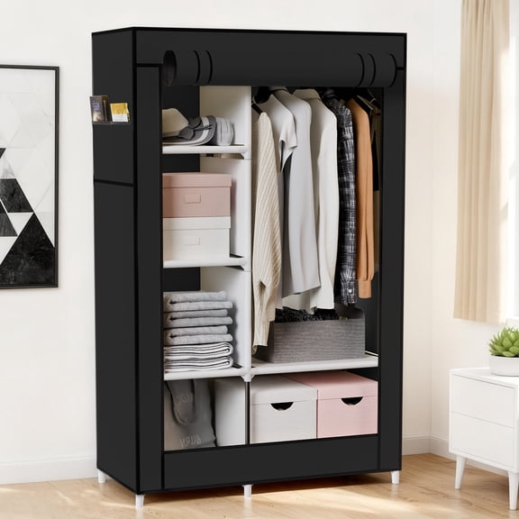 BAOKALER Black No-Assembly Portable Closet:6 Shelves,1 Hanging Rod,4 Side Pockets–Ideal for Bedroom, Living Room, Cloakroom, Garage, Dorm, Apartment