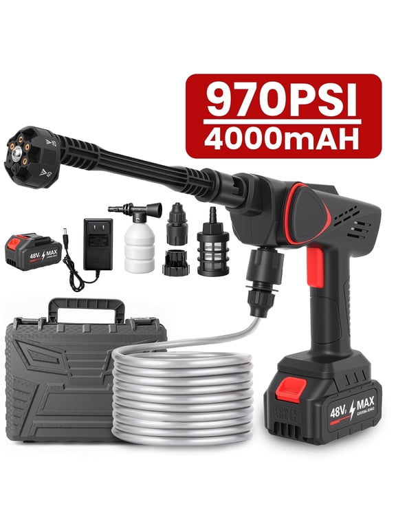 Cordless Pressure Washer, 970PSI Portable Power Washer with 4AH Battery, 6 in 1 Nozzle Electric High Power Washer with Brushless Motor, Black