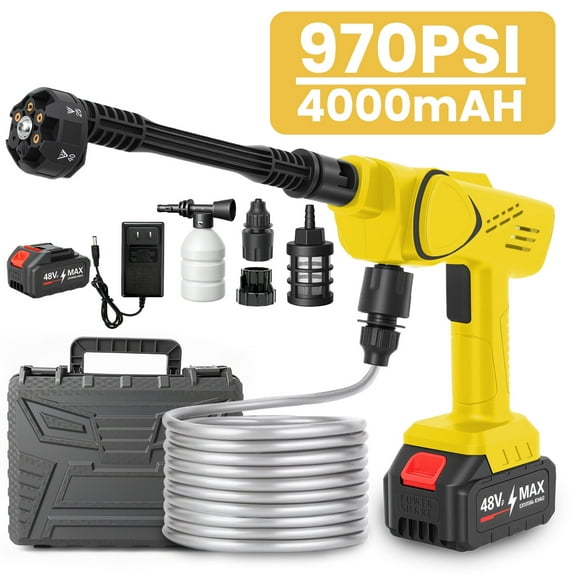 BAOKALER Cordless Pressure Washer, 970PSI Portable Power Washer with 4AH Battery, 6 in 1 Nozzle Electric High Power Washer with Brushless Motor, Yellow