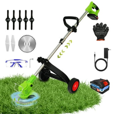 BAOKALER Electric Weed Eaters Cordless,2AH Battery Powered Weed Wacker with Charger, Grass Trimmer with Supporting Wheels, Grass Cutting Machine with 1 Batteriy for Yard and Garden, Green