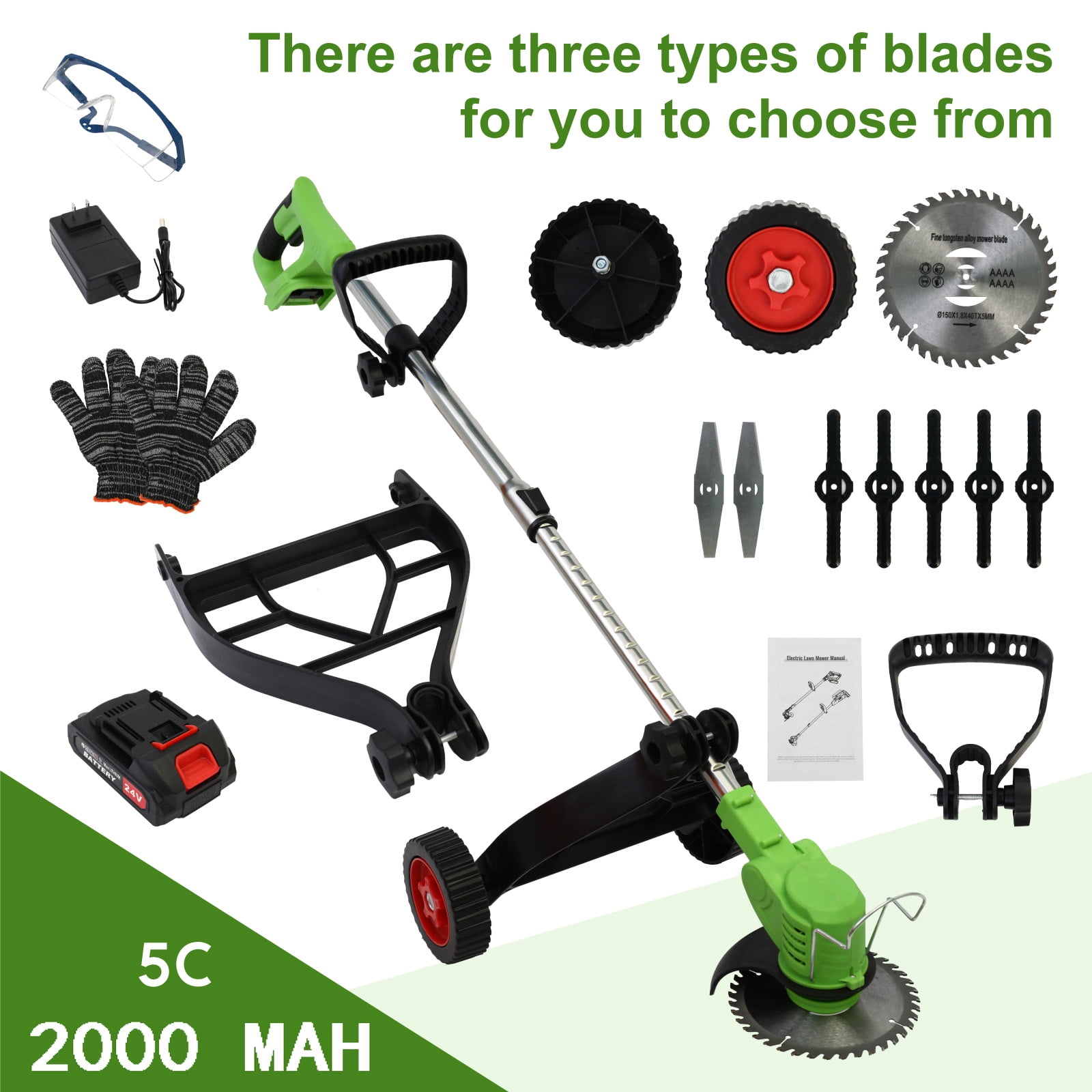 BAOKALER Cordless Electric Weed Eater, 3 IN 1 Grass Trimmer, Rechargeable 5C Battery+Charger, Green