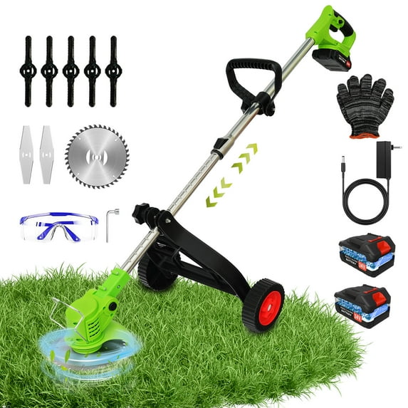 BAOKALER Electric Weed Eaters Cordless, 2AH Battery Powered Weed Wacker with Charger, Grass Trimmer with Supporting Wheels, Grass Cutting Machine with 2 Batteries for Yard and Garden, Green