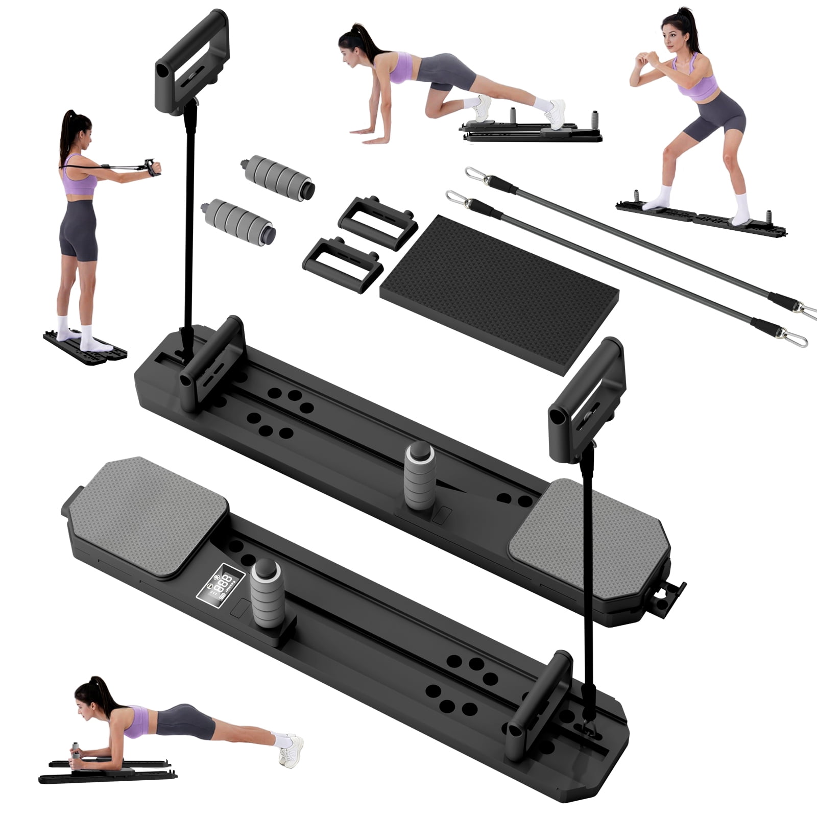 INSMEER Pilates Reformer Machine, Foldable Pilates Board At Home With Automatic Rebound Ab Roller, Multifunctional Ab Exercise Board, Tension Rope,Timer,6-in-1 Pilates Reformer Set For Body Workout