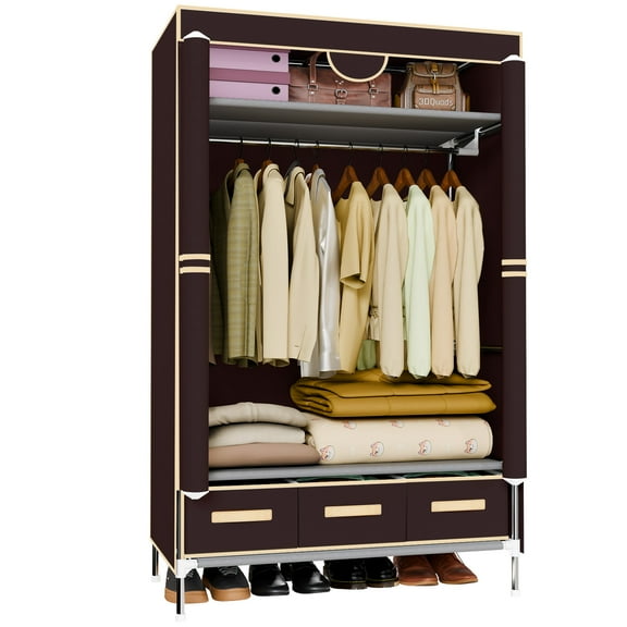 BAOKALER Portable Closet Organizers and Storage with Cover and 3 Storage Boxes, Hanging Wardrobe Sheves Clothes Organizers for Home Bedroom, Deep Coffee
