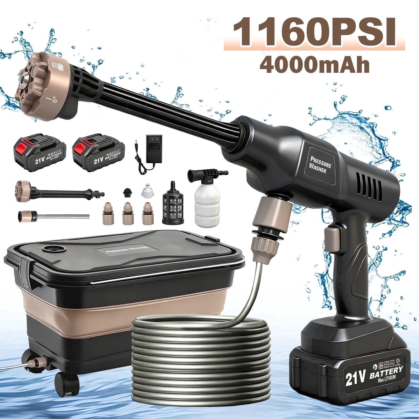 BAOKALER Portable Pressure Washer with Foldable Water Contain (Black), 1160PSI High Power Washer, 21V Cordless with 4.0Ah Dual Batteries & 6-in-1 Nozzle for Car, Patio, Fence, Deck, Driveway Cleaning
