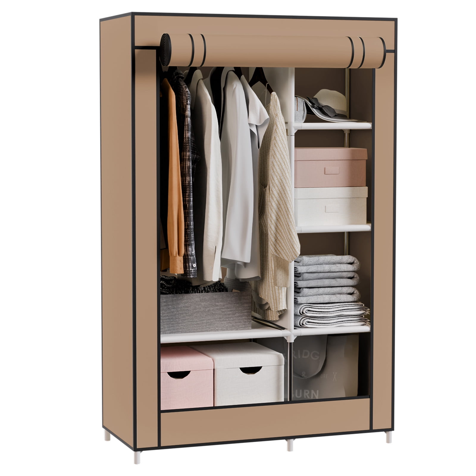 BAOKALER Ready-to-Use Coffee Brown Portable Closet: 6 Shelves, 1 Hanging Rod and 4 Side Pockets – Perfect for Bedrooms, Living Rooms, Cloakrooms, Garages, Dorms and Apartments