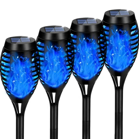 BAOKALER Flickering Flame Solar Lights Outdoor, 4 Pack Solar Garden Stake Lights Outside, LED Landscape & Walkway Blue Lights Waterproof for Outdoor Decor Yard Patio Pathway Holiday