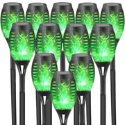 Solar Powered Outdoor Lights, 12PK Flickering Flame Solar Lights Outdoor Pathway, Solar Tiki Torches with Flickering Flame, Solar Garden Light Waterproof for Yard Decor, Landscape, Patio, Green LED