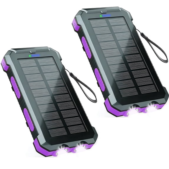 BAOKALER Solar Power Bank, Portable Charger, 20000mAh Solar Charger with LED Flashlight, IP65 Waterproof External Backup Battery Pack Perfect for Camping, Outdoor Activities(Purple-2PK)