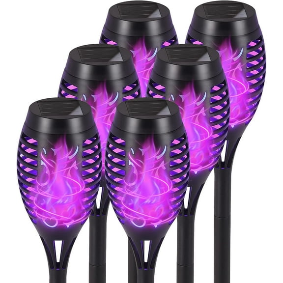 BAOKALER Solar-Powered LED Flickering Flame Torch Lights, Waterproof, Purple, 6 Pieces