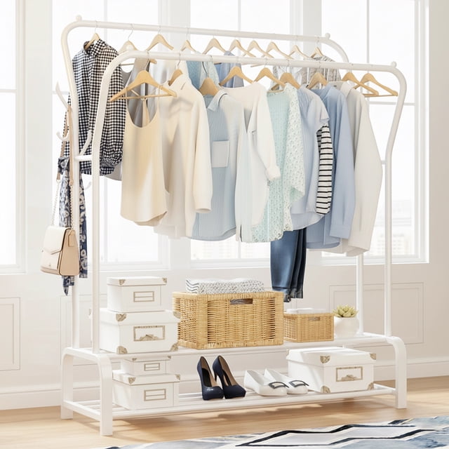 BAOKALER Space Saving Clothes Rack Freestanding Clothing Storage with 6 Hooks, White