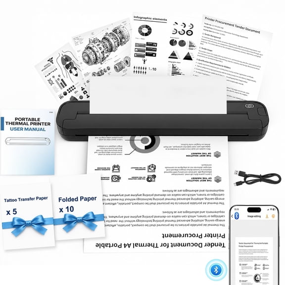 BAOKALER Thermal Printer for Travel, Inkless Portable Wireless Printer US Letter 8.5 inch & A4, Bluetooth for iOS Android Phones, USB for Windows Mac Laptops, Home Office School
