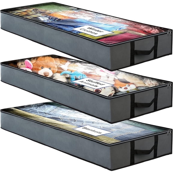 BAOKALER Underbed Storage Bag 90L, 3 Large Bins with Reinforced Handles Foldable Containers, Visible Clothes Storage Bags for Blanket Pillow Quilts, Closet Organizers