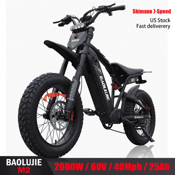 BAOLUJIE M2 2000W 40 MPH Electric Dirt Bike for Adult,60V 25AH battery,20" x 4.0" Fat Tires ,Shimano 7 Speed ,Hydraulic Brake Full Suspension UL2849