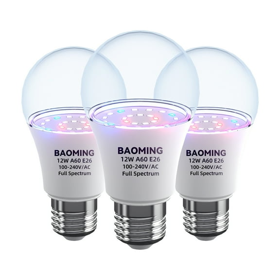 BAOMING 12W LED Grow Light Bulb - Full Spectrum Indoor Plant Lights, E26 Base, Energy Efficient, 3-Pack