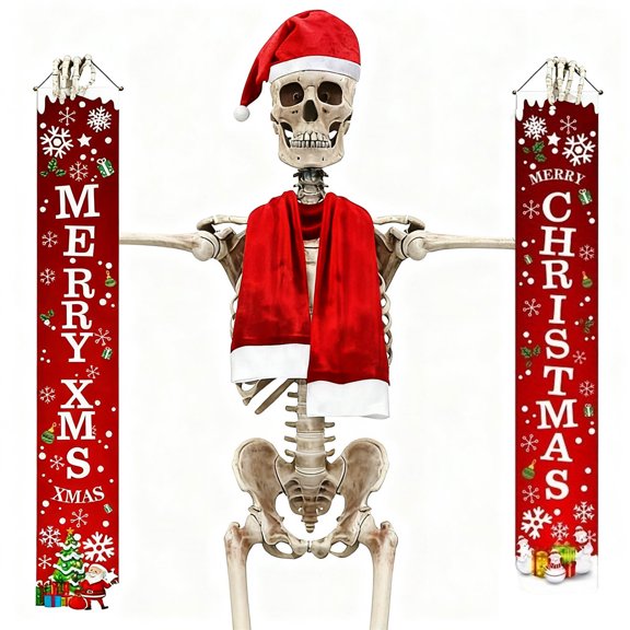 BAOPAI 12 Foot Skeleton Outfit Set Santa Hat Scarf Bunting 3PCS Windproof Velvet Fabric Outdoor Holiday Decoration For Yard Display