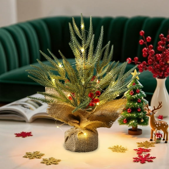 BAOPAI 12-inch Lighted Tabletop Tree with Red Berry Pinecones Burlap Base Festive Atmosphere Ideal for Home Holiday Decor