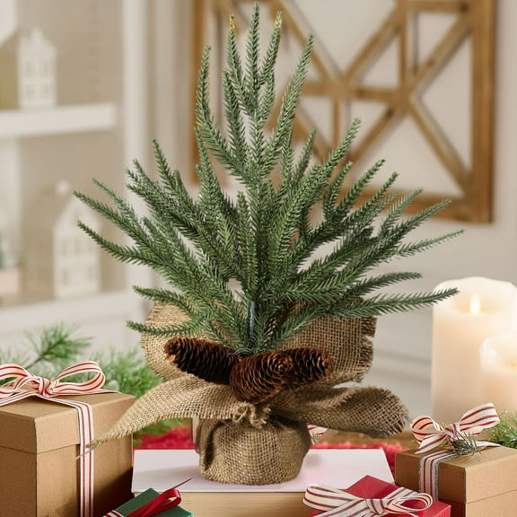 BAOPAI 12-inch Mini Artificial Christmas Tree with Red Berries Pine Cones and Burlap Base Festive Holiday Decor Ideal for Home Farmhouse Desk Decorations
