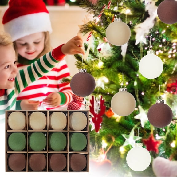 BAOPAI 12PCS 2.4Inch Flocked Balls Ornaments with Metal Hooks Enduring Decorationsative Hanging Balls for Holiday Tree Home Winter Scene Decorations