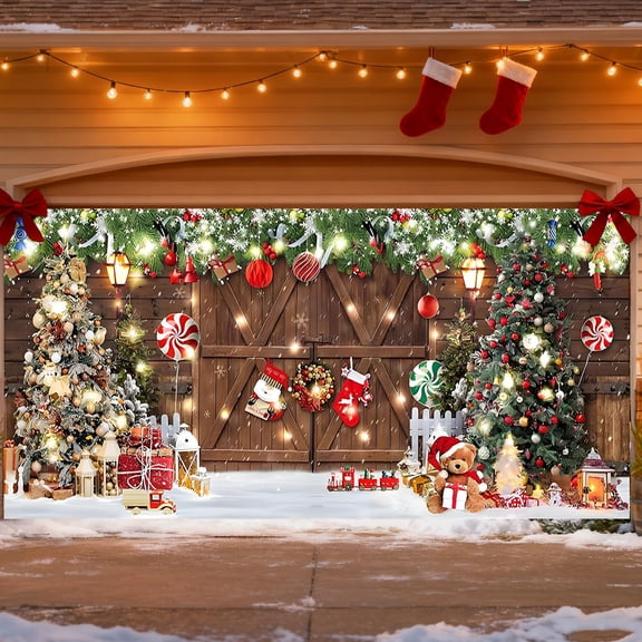 BAOPAI 157.48x70.87in Brown Polyester Christmas Garage Door Cover All Over Covering Structure For Outdoor Festive Decoration And Holiday Season Celebration