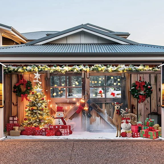 BAOPAI 157x71 Inches Christmas Garage Banner Festive Background Cloth Polyester Wrinkle Resistant Holiday Decoration Photo Backdrop Photography Props Hanging Decor