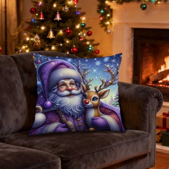 BAOPAI 17.72x17.72 Inch Purple Christmas Pillow Cover Santa Claus Tree Candle Wreath Design Soft Short Plush Decorative Cushion Case for Home Bedroom Living Room Sofa