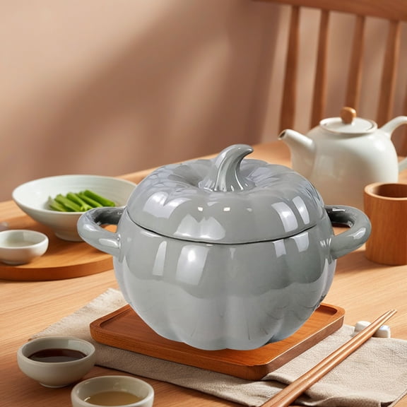 BAOPAI 1800ml Ceramic Soup Bowl with Lid Pumpkin Shape Designs Large Double Handles Enduring Noodle Bowl for Home Kitchen Use