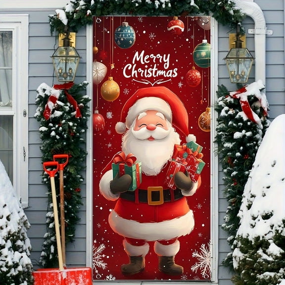 BAOPAI 70.86x35.43in Christmas Door Cover Decorations Santa Claus Front Door Cover Xmas Hanging Banners Background for Christmas Xmas Holiday Winter Home Indoor Outdoor Decorations(Red)