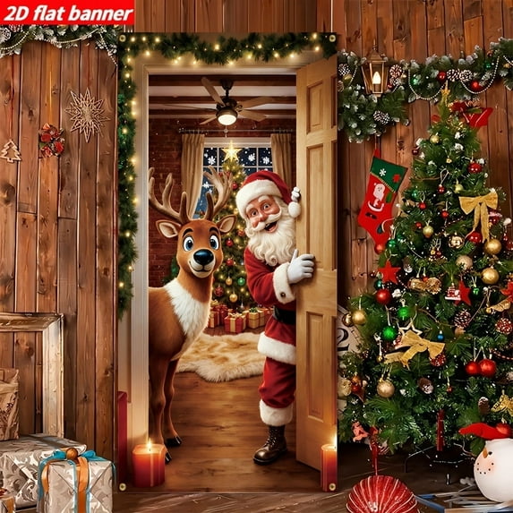 BAOPAI 70.86x35.43in Christmas Door Cover Decorations Santa Claus Front Door Cover Xmas Hanging Banners Background for Christmas Xmas Holiday Winter Home Indoor Outdoor Decorations(Red)