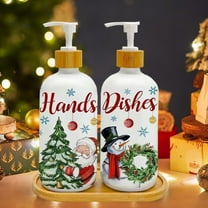 BAOPAI 2 Pack Glass Soap Dispenser Set with Tray Snowman Tree Designs Enduring Hand Soap Lotion Pump Bottles for Kitchen Bathroom Countertop Holiday Decor