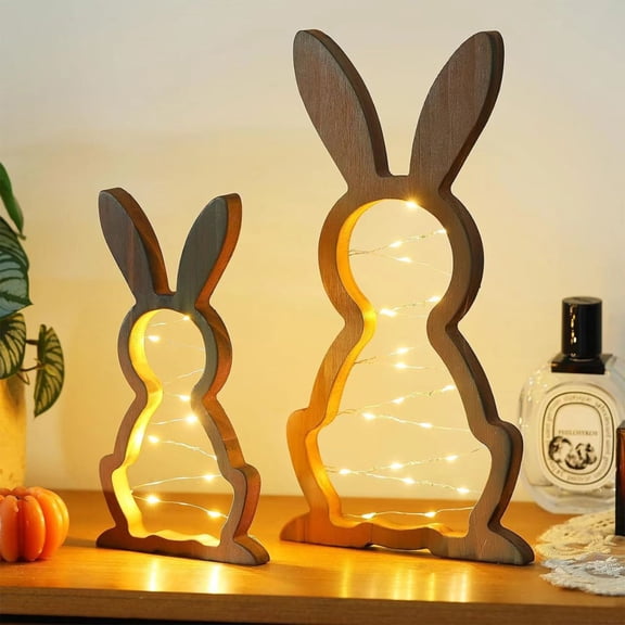 BAOPAI 2 Pieces Easter Bunny Night Light Wooden Set with Size Contrast Soft Warm Glow for Easter Spring Home Decorations Bedroom Nursery Living Room Accent Lighting
