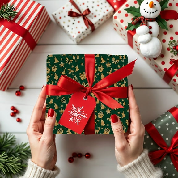 BAOPAI 22.05x20.87in Christmas Gift Wrapping Paper Durables Tear Resistant Paper With Snowflakes Reindeers Christmas Trees Patterns In Red And Green For Holiday Parties Gift Giving And Festive Decor