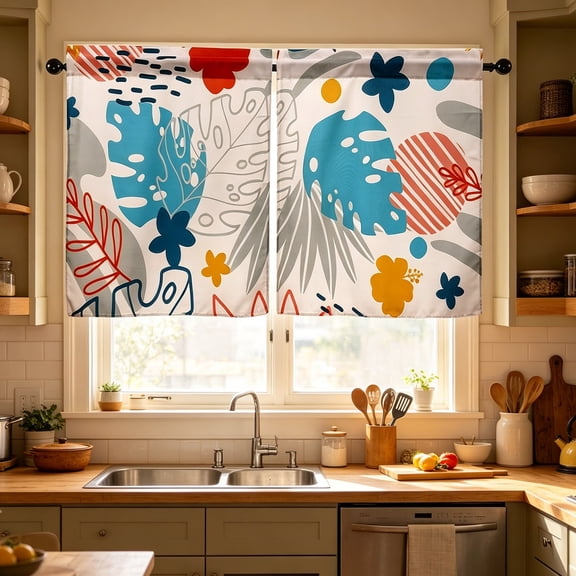BAOPAI 2D Printed Kitchen Curtains Short Panels - Washable Decorative Window Curtains for Kitchen Sink, Breakfast Nook