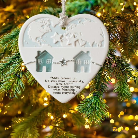 BAOPAI 3.15 Inch Long Distance Friendship Heart Ornament with Sea Glass and Embossed Map For Birthdays Gifting