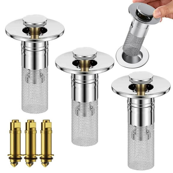 BAOPAI 3 Pack Brass Core Bathroom Sink Strainer With Removable Filter Basket Hair Catcher Up Drain Mechanism Fits 1.02 To 1.2 Inch Holes