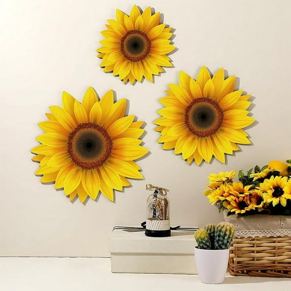 BAOPAI 3 Piece Sunflower Wooden Wall Sign Set Self-Adhesive Hanging Home Decor Floral Design for Kitchen Bedroom Living Room Nursery School