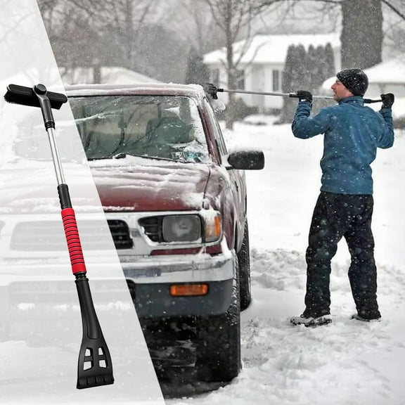BAOPAI 3-in-1 Retractable Snow Shovel with Rotating Brush Head and Ice Scraper for Car Windshield Windows Roof Winter Snow Removal Tool Adjustable to 73cm