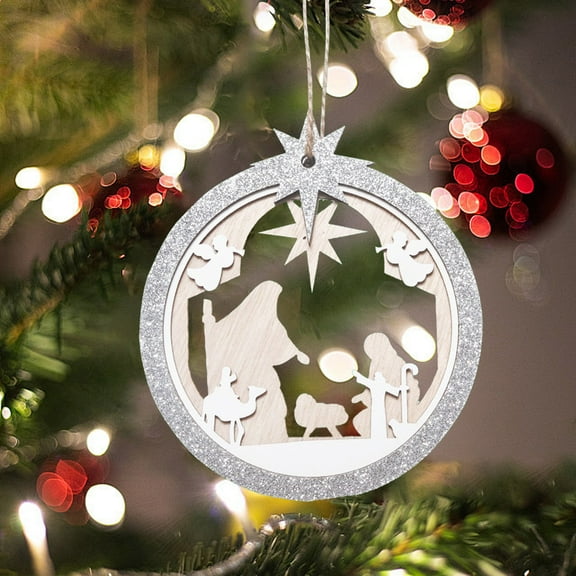 BAOPAI 4.7x4.3 Inch Silver Wooden Nativity Scene Tree Ornaments Enduring Three-Tier Religious Home Decorations