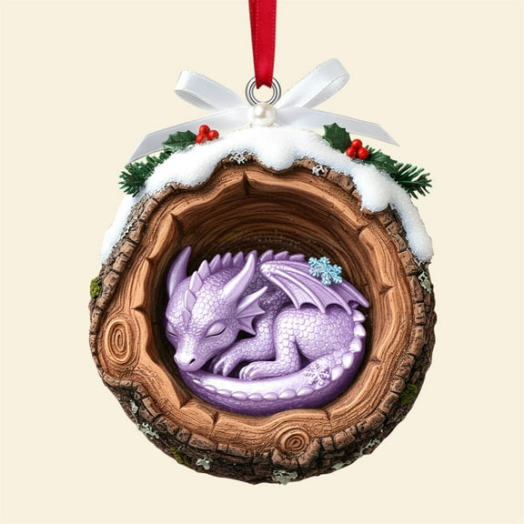 BAOPAI 5 Pieces Acrylic Dragons Ornaments Sleeping in Log with Snow Holly Detailed Design Durables Hanging Decor for Tree Home Office Holiday Gift
