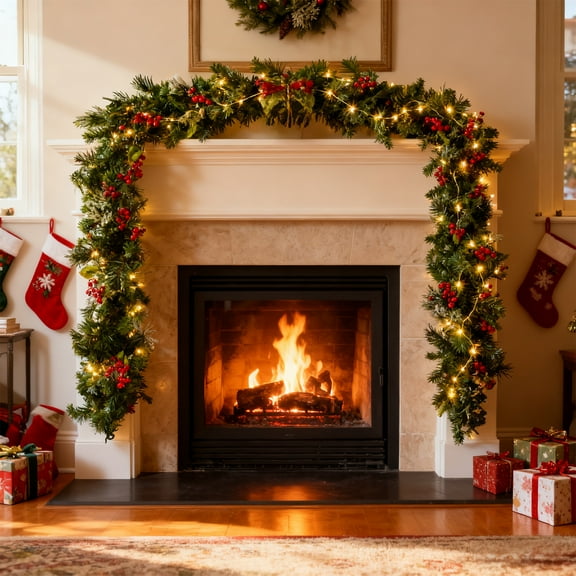 BAOPAI 59 inch Christmas Berry Rattan Garland Artificial Shatterproof Green Decoration For Home Indoor Party Fireplace Christmas Tree Holiday Decor