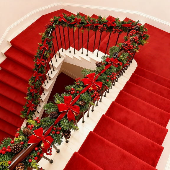 BAOPAI 59in Christmas Velvet Bow Pine Cones Stair Railing Decor for Indoor Home Mantel and Tabletop Simulation Greenery