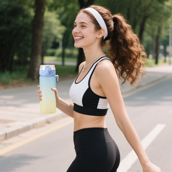 BAOPAI 600ml Gradient Color Portable Water Bottle with Carry StrapOne-Touch Open Leak-Proof Lid for Sports Fitness Outdoor Activities Students Men and Women