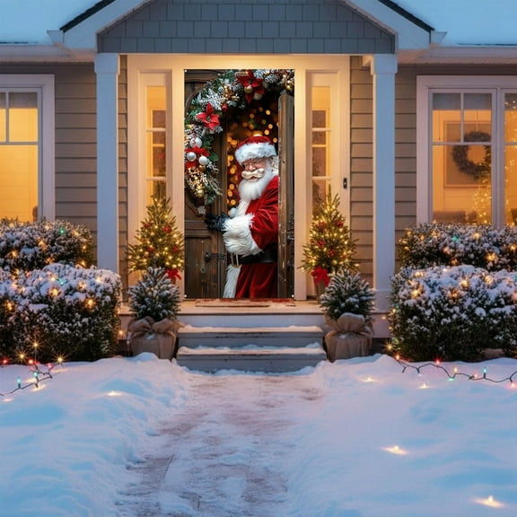 BAOPAI 6x3ft Christmas Door Cover Santa Decoration Polyester Fabric Photography Backdrop Winter Indoor Outdoor Front Door Banners Holiday Party Supplies Festive Decorations