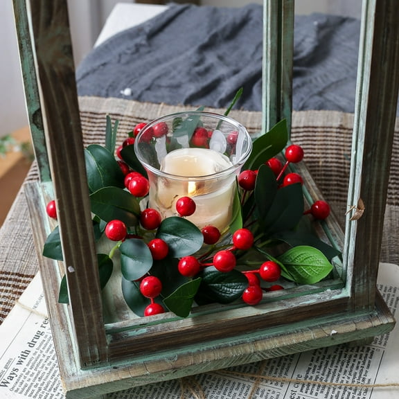BAOPAI 7.87x7.87 Inch Enduring Shatterproof Red Berries Candle Ring Garland with Realistic Eucalyptus Leaves Artificial Snow Decorations for Kitchen Cabinet Dining Table Table Centerpiece