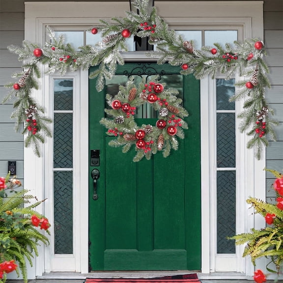 BAOPAI 70.86in Red Christmas Ball Spray Snow Artificial Pine Rattan Vines Enduring Shatterproof Greenery for Home Table Window Indoor Outdoor Holiday Decorations