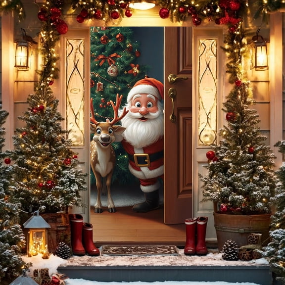 BAOPAI 72.83x35.43in Enduring Nylon Christmas Door Cover Santa Claus Reindeers Festive Party Hanging Decoration for Home Holiday Decor