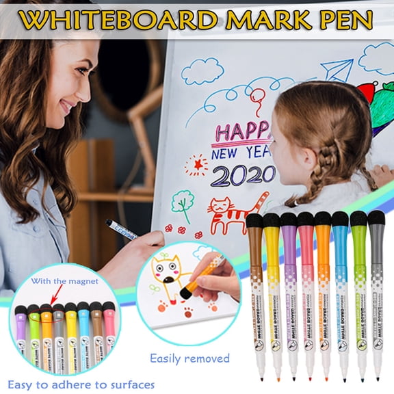 BAOPAI 8 Pack Dry Erase Markers with Magnetic Storage Caps Built-In Erasers Fine Point Low Odor Quick Drying Ink for Office Home Whiteboard Use